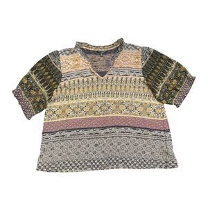 Lucky Brand Bohemian Mixed Media Blouse SZ Large Artsy Chic Teacher Casual Flaw